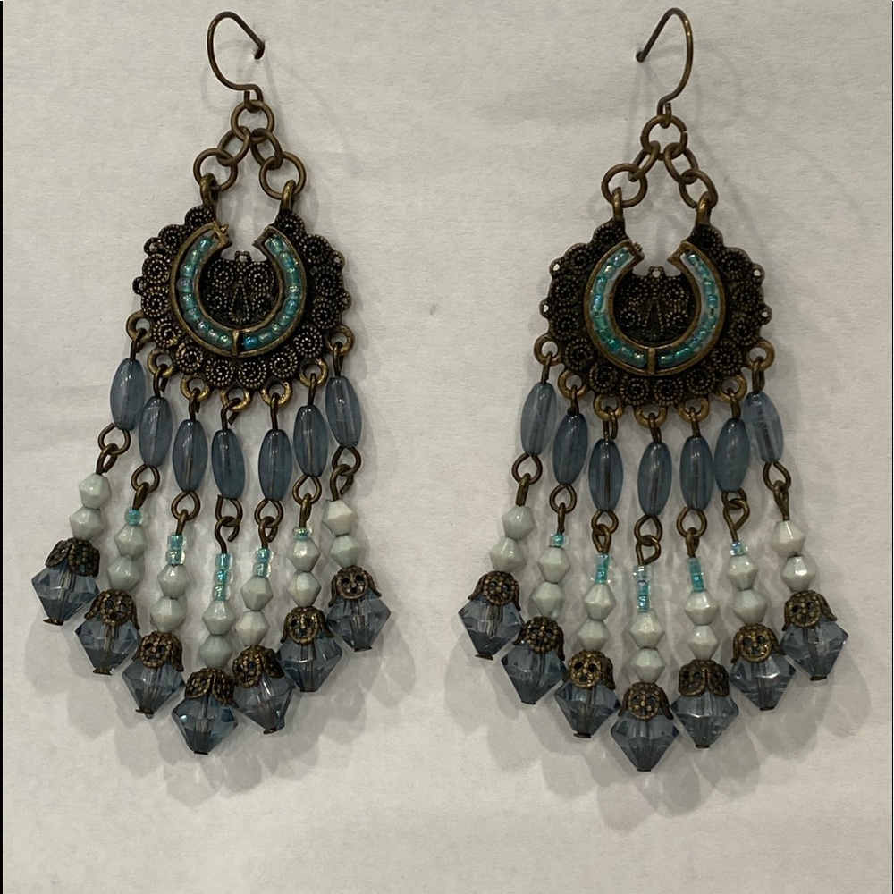 Beautiful cooper and blue chandelier earrings